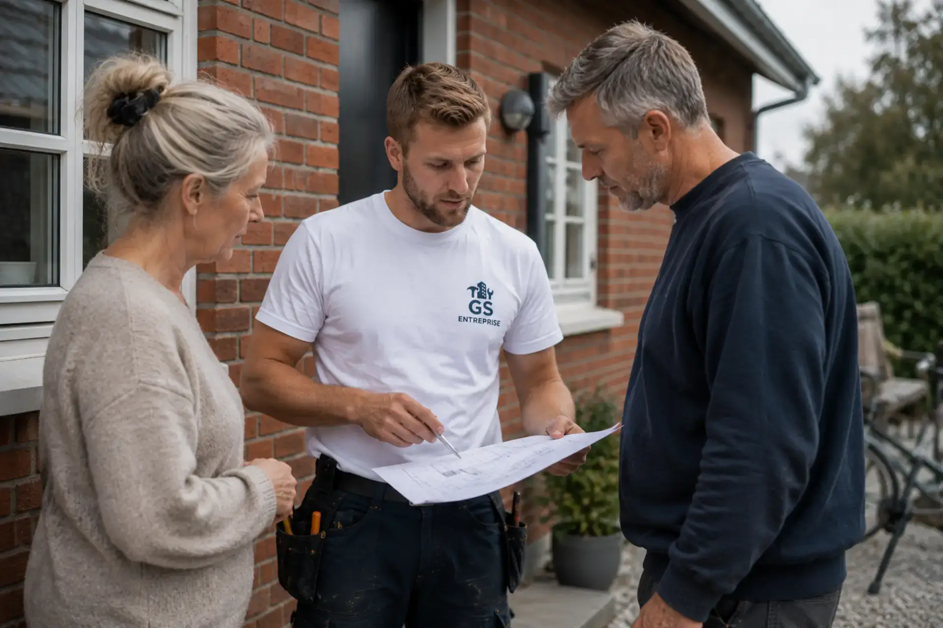 To mænd og en kvinde gennemgår en byggeplan udenfor et hus.