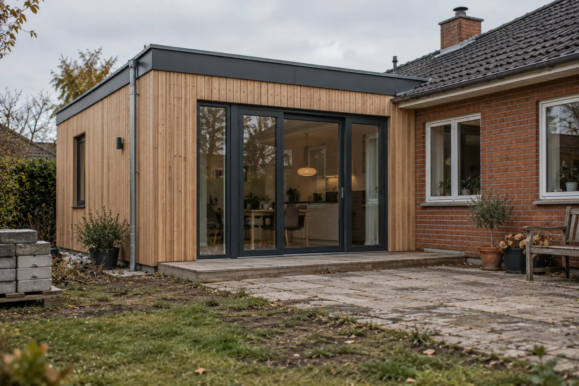 Moderne udbygning med træfacade og store glasdøre til bolig.